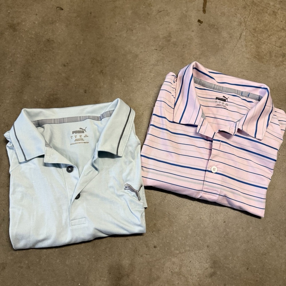PUMA Lot Of 2 Golf Polo Shirt Mens Large Pink Striped Light Blue Performance